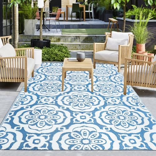 Capslpad Outdoor-Campingteppich 150x245cm Wasserdichter Outdoor-Terrassenteppich Reversibler Kunststoff-Strohteppich Tragbar Blumen-Picknick-Teppicht für Patio Hinterhof Strand Zelt Garten Dekor, Blau