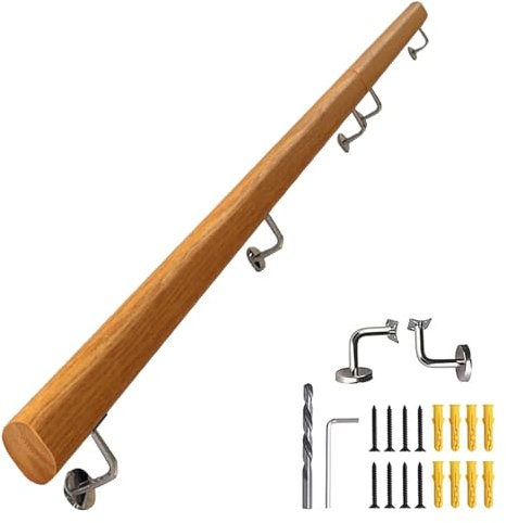 Wooden Handrails for Stairs 100cm 1.5m 2m 300cm 4m Staircase Railings Support Rod Wall Mounted Non-Slip Hand Rails Banister Rail Kit with Stainless Steel Brackets (Size : 10ft/300cm)