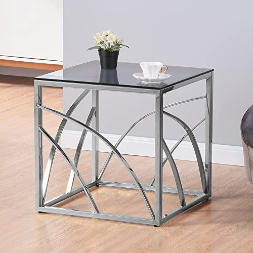 Beistelltisch aus Edelstahl und Glas – 55 cm quadratischer Beistelltisch aus Chrom und dunkelgrauer Glasplatte, stilvoller Couchtisch für das Wohnzimmer