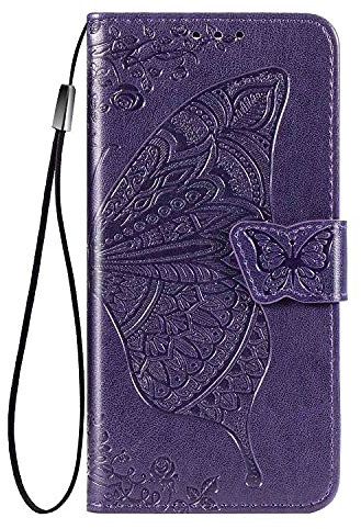 WBWONE Leather Folio Cover per Samsung Galaxy S24+ Plus 5G, Goffratura a Farfalla Custodia in Pelle PU Magnetica Libro Flip Portafoglio Case con [Funzione Stand]. Viola Scuro