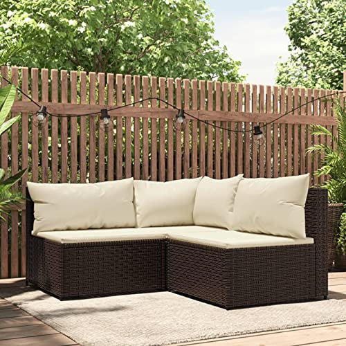 BAZZI 3-TLG. Balkon Lounge Klein Rattan Lounge Moebel Balkon Klein mit Kissen Balkonmöbel Rattan(Eckteil+2xMittelteil) Balkon Ecksofa Klein Braun Outdoor Sofa Lounge L Form
