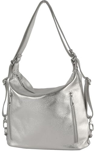 modamoda de T249 Damen Rucksack Schultertasche 2 in 1 aus Leder handmade in Italy, Farbe:Silber-Metallic