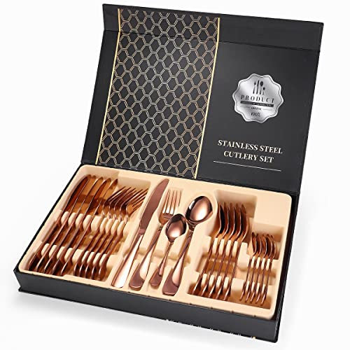 Set di posate, stoviglie complete da 24 pezzi Set di posate in acciaio inossidabile Scatola di posate Forchetta Cucchiaio Coltello Set di posate in oro rosa Set di stoviglie in oro