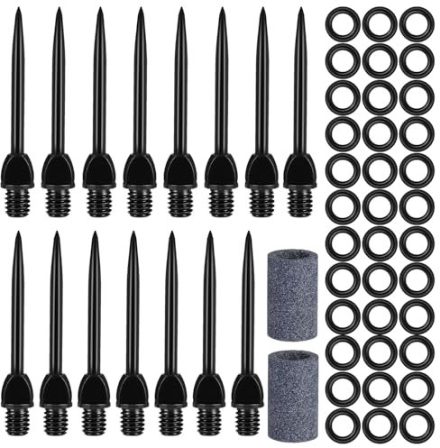Kinwodon 15 Stück Steeldart Spitzen Dart Spitzen Steel mit 30 Gummiringe Dartspitzen Steel mit Gewinde Dartpfeile Metallspitze Steeldarts Spitzen für Dartpfeile Umrüsten Softdart mit 2 Schleifstein