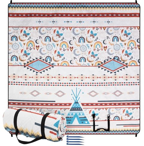 JEMIDI Boho Picknickdecke 200x200 - Picknickdecke groß - Stranddecke XXL - Campingdecke - Picknickdecke wasserdicht - Picknick Decke - Badedecke - Waschbar und tragbar - Beige