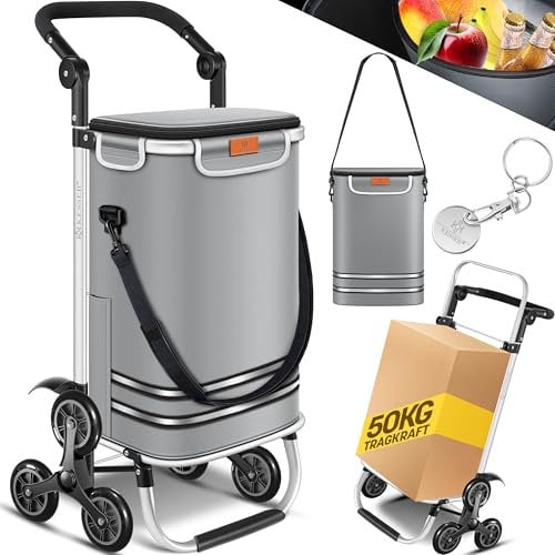 KESSER® Einkaufstrolley Treppensteiger mit Kühlfach klappbar mit 56L Kapazität und belastbar bis 50kg | 3in1 Trolley Sackkarre & Umhängetasche | Faltbarer Einkaufswagen inkl. Einkaufschip, Grau