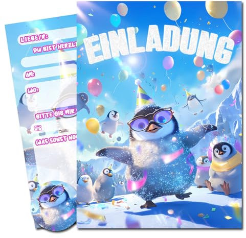 Vielucks® 15 x Filmgenre Einladungskarten - DIN A6 - Original - mit Aufkleber,Einladungskarten Kindergeburtstag Mädchen Junge,Geburtstagseinladungen,Party deko,Einladung Einschulung (Pinguin)