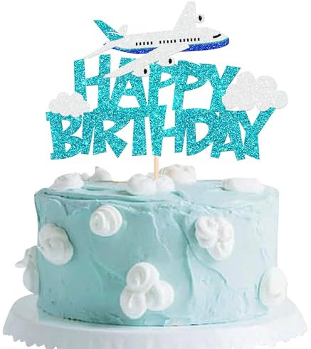 SYKYCTCY 1 Pack Airplane Birthday Cake Topper Blue Airplane Happy Birthday Cake Pick Decoration for Plane Travel Airman Theme birthday baby shower Boys Girls Kids Cake Decorations Supplies