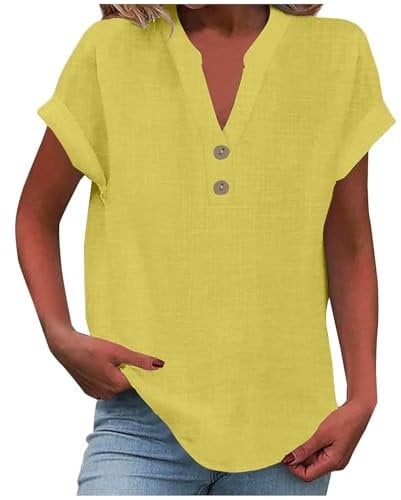 Womens Tops, My Orders, Ladies Tops 2025 Women's Summer Cotton Linen Cap Sleeve T-Shirt Button V Neck Tunic Top Fashion Baggy Solid Plain Casual Shirts Trendy Blouse Yellow