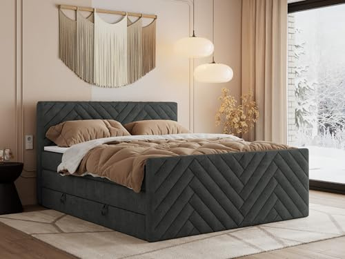 MKS MEBLE Boxspringbett Paris King Duo 200x200 cm mit Bettkasten Stauraum, Doppelbett mit Kopfteil und Fußteil, 7-Zonen Taschenfederkern Matratze H4 mit Topper T25 - Dunkelgrau Struktur
