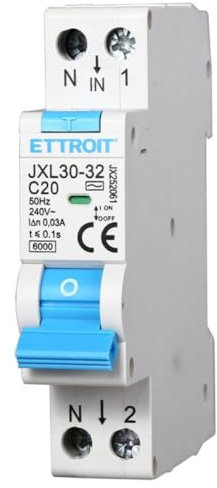 Interruttore magnetotermico differenziale salvavita, 1P+N, occupa 1 modulo DIN, 220V 230V, 20A C20, 30mA, 6KA 6000A, RCBO