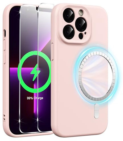 Xiltlly Coque Magnétique en Silicone pour iPhone 13 Pro 6,1 Pouces avec 2 Verre Trempé, Compatible avec MagSafe Aimants Intégrés, Étui Housse Antichoc Anti-Rayures Case pour iPhone 13 Pro, Rose