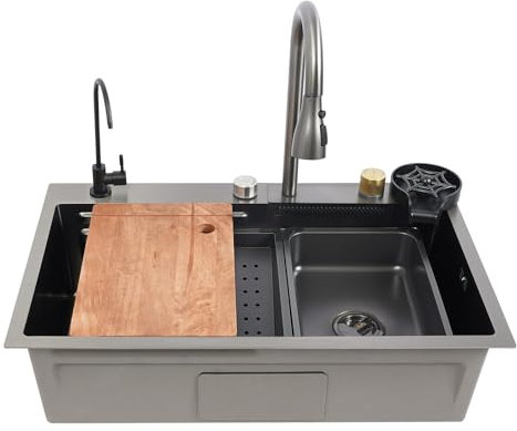 Kaichenyt Edelstahlspüle, Küchenspüle mit Doppellagige Gleitschiene und Schneidebrett Zwei Installationsmethoden für Gemüse 75x45x21cm Gun-grey