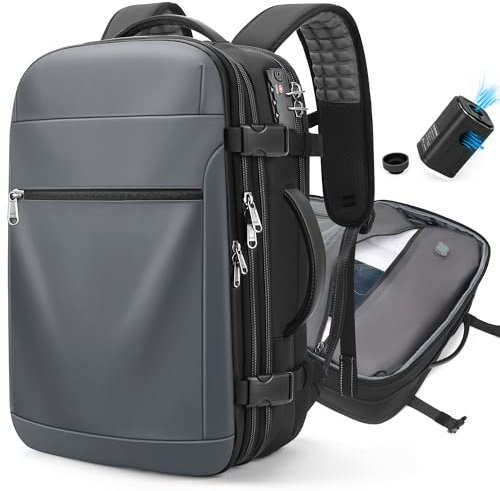 LOKASS Vakuum Rucksack, 60 l erweiterbarer Reiserucksack mit Vakuumpumpe, wasserabweisend und TSA-Schloss, als Handgepäck im Flugzeug zugelassen, passend für 17,3-Zoll-Laptops,Grau