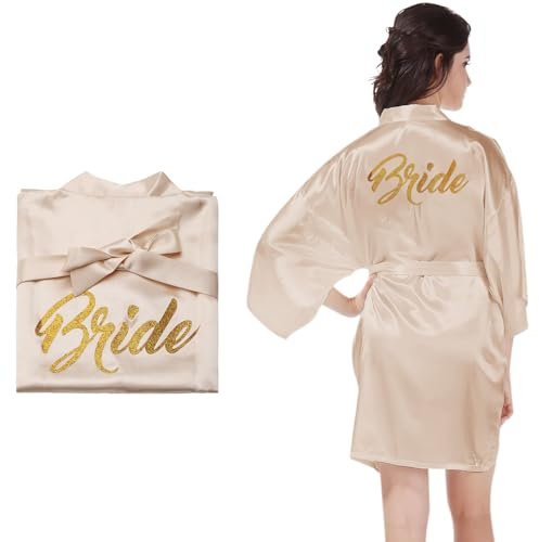 ZMDMAH Bride Morgenmantel Damen Braut Kimono Satin Morgenmantel Jga Partydeko Kleid mit V-Ausschnitt und GüRtel für Hochzeitsfeiern Pyjamapartys und Poolpartys