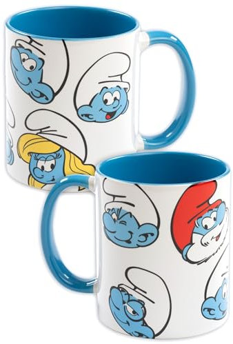 Die Schlümpfe Tasse - Allover Kaffeetasse Becher Kaffeebecher aus Keramik Weiß/Blau 320 ml