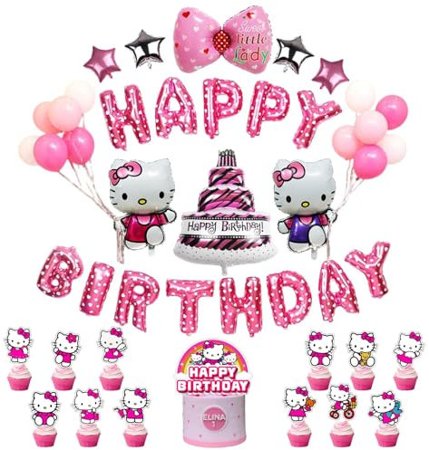 46PCS Hello-Kit Geburtstags Deko,Rosa Kindergeburtstag Dekoration, Geburtstags Deko Luftballons Cartoon Set, Folienballon Party Deko für Kinder