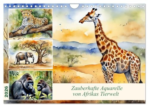 Zauberhafte Aquarelle von Afrikas Tierwelt (Wandkalender 2026 DIN A4 quer), CALVENDO Monatskalender: Kunstwerke der Künstlichen Intelligenz (CALVENDO Tiere)
