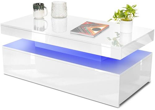 Blisswood High Gloss Coffee Table for Living Room, Rectangle Centre Table with 2 Drawer Storage, Modern Wooden Tea Table with LED RGB Lights for Home, Office & Living Room Furniture - White