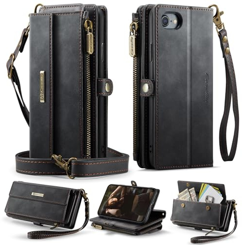 FONREST Compatible with iPhone SE 3/SE 2/8/7/6/6S Crossbody Purse Bag Case Magnetic Flip PU Leather Wallet Cover w/Kickstand 9 RFID Blocking Card Holders Zip Pocket Lanyard Wrist Strap (Black)