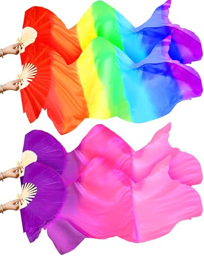 Qunclay 2 Pairs of 1.8-Meter/5.91-Foot Chinese Silk Dance Fans, Belly Dance Fan, abanicos de Danza cristiana Artificial Ethnic Silk Veil Fans (Purple Rose Powder)
