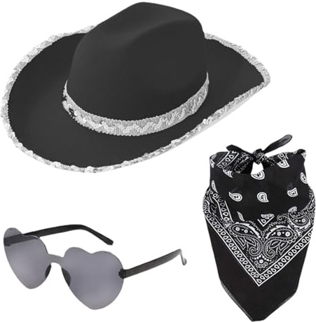 xitoio Cowgirl-Hut-Set, Cowboyhut, glitzernder Cowboyhut mit Bandana und Herz-Sonnenbrille, Cowgirl-Zubehör für Damen (schwarz)