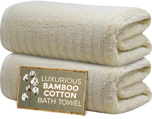 Towelogy Premium Bath Towels for Bathroom Set of 2 (70x120 cm), Super Soft Bamboo Cotton Blend Bathroom Towels (2, Beige)