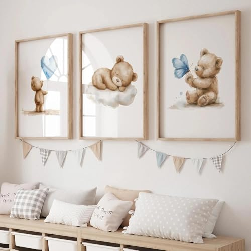 3 Bilder Babyzimmer Bär 30X40CM Bilderwand Kinder Poster Teddybär Ballons Schmetterling Leinwand Kinderzimmer Junge Bilder Teddybär Poster Bär Kinderzimmer Bilderwand Baby Junge Beige Blau ohne Rahmen
