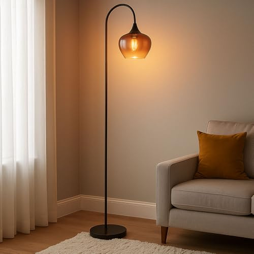 Stehlampe Bogenstehlampe Wohnzimmerleuchte Stehleuchte gebogen Glas kupfer, Metall schwarz, 1x E27, LxBxH 39 x 25 x 150 cm