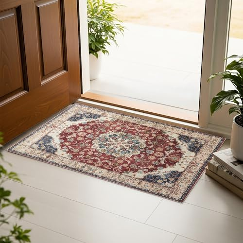 Aspire Homeware Washable Bedside Area Rugs for Bedroom Small Gold Red Rug 60x110 cm Low Pile Non Slip Rugs Living Room, Soft Entryway Floor Carpet Vintage Design Mat for Kitchen Bathroom, Whisper