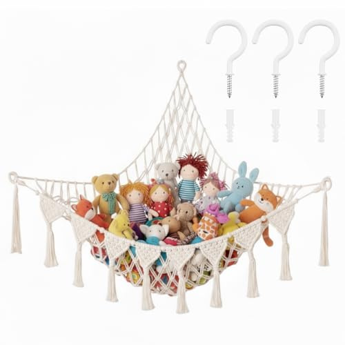 Kuscheltier Aufbewahrung, Makramee Stofftier Hängematte, Spielzeug Lagerung Netz für Kinderzimmer, Kuscheltiernetz, Kuscheltiere Aufbewahrung, Hängend Spielzeug Organizer, für die Ecklagerung, Weiß