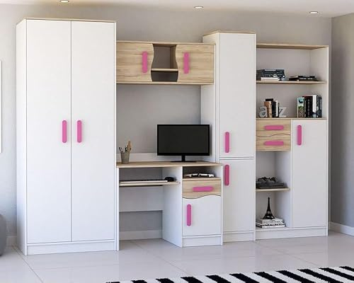 Agritrade AK Mathias 5-Piece Youth Bedroom Furniture Set, Wardrobe, Desk, Tall Bookcase, Low Storage & Wall Shelf W 300 cm x H197 cm Height (body: white/handle: pink)