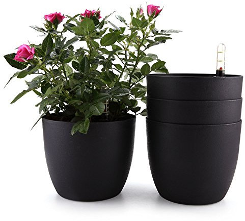 T4U 18cm Kunststoff Automatische Bewässerung Blumentopf mit Wasserstandsanzeige Schwarz 4er Set, Moderne Dekoration Blumentopf für alle Pflanzen, Blumen, Kräuter, African Lila, Sukkulenten