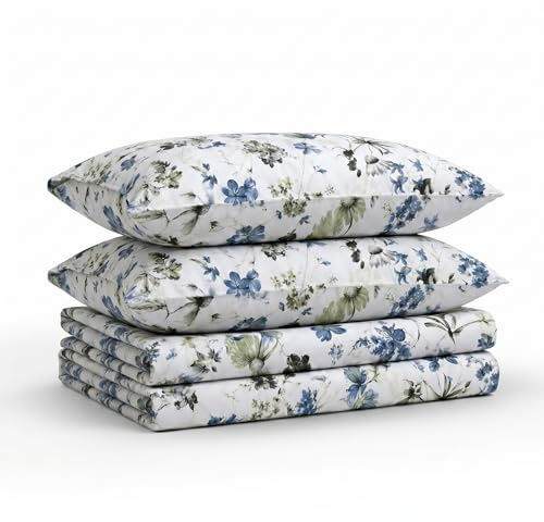 Tribeca Living Deep Pocket Cal King Size Sheet Set - 300 Thread Count Cotton Sateen Sheets with 22-Inch Extra Deep Pockets, Oeko-Tex Certified, 4 Bedding Set in Amalfi Blue/Multi Print