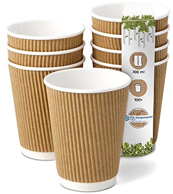 BIOZOYG 100 Stück Kaffeebecher isolierte Pappbecher 300ml / 12 oz Ø 90 mm weiß/braun - geriffelt plastikfrei nachhaltige Materialien - Einwegbecher Glühweinbecher