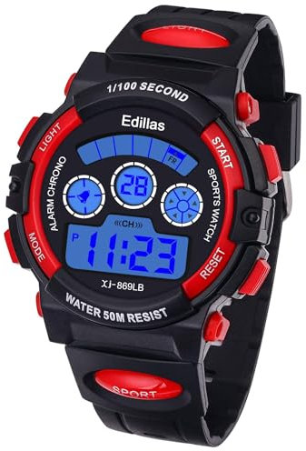 Edillas Reloj Digital Niños 50M (5ATM) Impermeable 7 Colores LED Relojes Deportivos Multifuncionales para Exteriores con Alarma