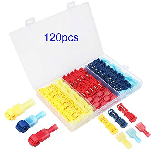 GTIWUNG 120Pcs (60 Pairs) T-Abzweigverbinder Schnellverbinder Kit, T-Tap Elektrische Steckverbinder Sortiment Schnelltrennklemmen, T-Schnellverbinder + Vollisolierter Flachstecker(Rot, Blau, Gelb)