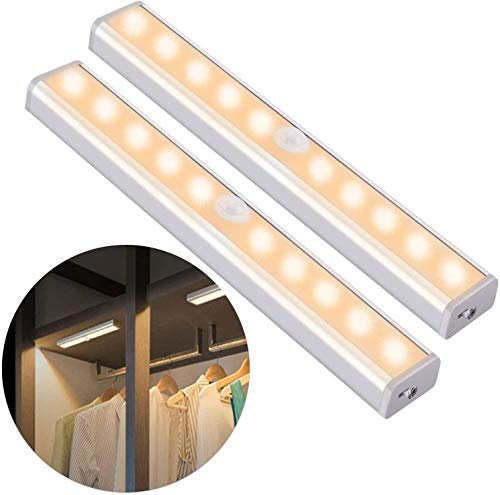 OUSFOT Schrankleuchten mit Bewegungsmelder Schrankbeleuchtungen LED Kabellos Kleiderschrank mit 4 Magnetstreifen Schranklicht Warmweiß 2PC