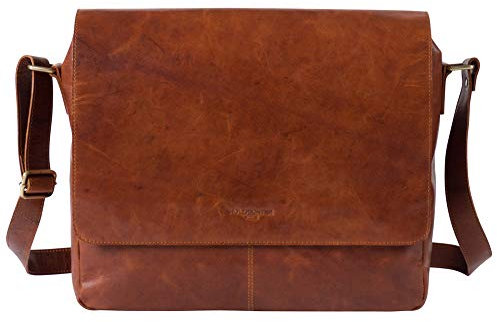 HOLZRICHTER Berlin Premium Vintage Umhängetasche (M) aus Leder - Handgefertigte Messenger Bag - Herren & Damen - Cognac-Braun