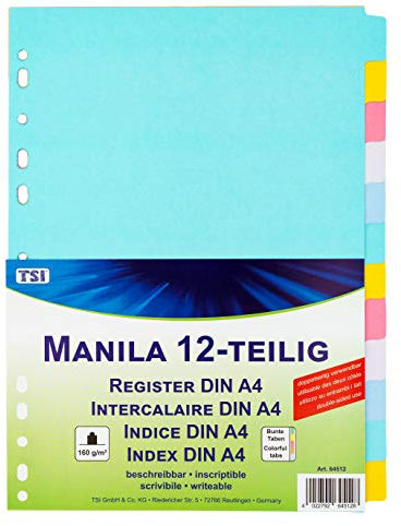 TSI Register aus stabilem Manila-Karton 12-teilig, mit bunten Taben, beschreibbar, Art. Nr. 64512
