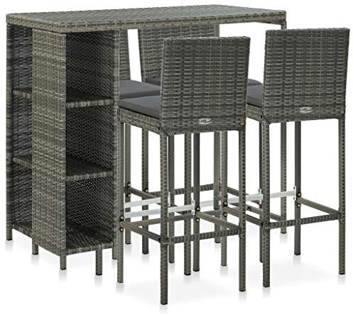 vidaXL Gartenbar Set 5-TLG. mit Kissen Theke Bar Tresen Gartentheke Bartisch Barstuhl Stehtisch Barhocker Gartenmöbel Poly Rattan Grau
