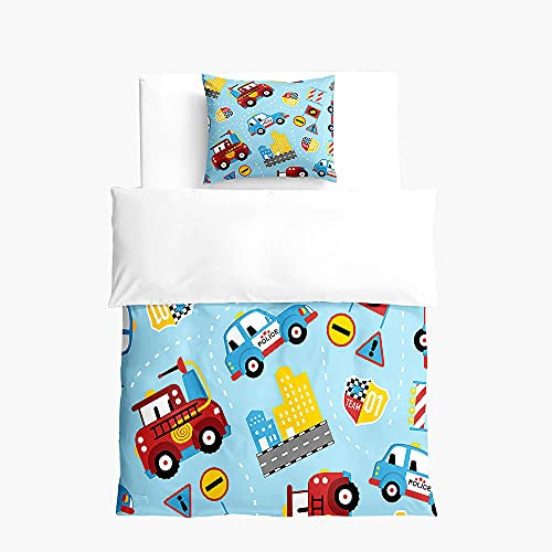 FANSU Kinder Bettwäsche Set, Junge Mädchen Bettwäsche 2 Teilig mit Bettbezug und Kissenbezug, Sanft 100% Microfaser Bettwäsche Set - Cartoon Autodruck (Blaues Polizeiauto,135x200cm + 80x80cm)