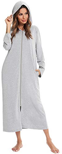 Veseacky Petite Women Zipper Robe Long Sleeve Duster Nightgown with Pockets (S,Light Grey)…