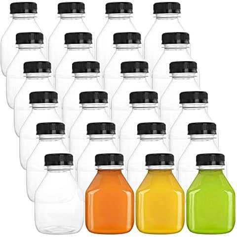 DEAYOU 24 Pack Plastic Juice Bottles, 8 OZ Empty Clear Beverage Bottles with Caps, Small Reusable Drink Container with Black Tamper Evident Lid for Take Out, Milk, Smoothie, Juicing, Tea, Cold Drinks