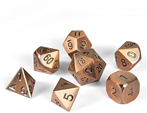 shibby 7 polyedrische Metall-Würfel - Steampunk - für Tabletop und Rollenspiele inkl. Aufbewahrungsbox - Kupfer-Matt