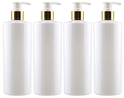 ZEOABSY 4 Pezzi Bianca Vuoto Plastica Bottiglie Dosatori con Oro/Bianca Pompetta Dispenser Flacone Ricaricabile per Shampoo Lozione Gel