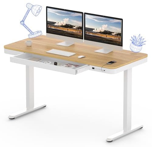 FLEXISPOT Comhar Q3 Electric Standing Desk, Home Office Height Adjustable Sit-Stand Desk with Drawer & Fast USB Chargers 120 * 60cm, White Frame+Maple Top