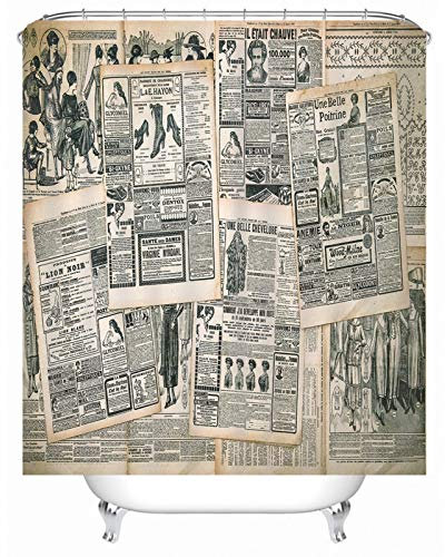 Banemi 3D Duschvorhänge, Groß Duschvorhang Weiß Schwarz Zeitung Polyestergewebe 180X200cm für Eck Dusche mit 12 Duschvorhangringen