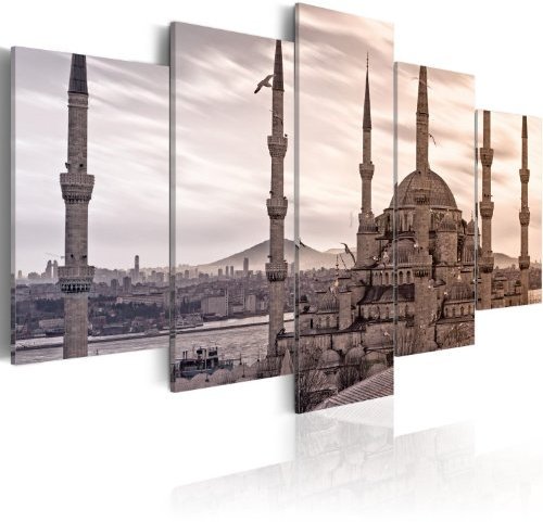B&D XXL - Wandbilder XXL Architektur 150x75cm 5 tlg - Wand Deko Leinwand Bilder Groß Wanddeko Wohnzimmer Schlafzimmer Kunstdrucke - Stadt Türkei Istanbul Panorama 030102-11