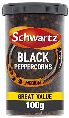 Schwartz Medium Black Peppercorn Drum 100 G | Mild Heat, Spicy Kick and Hot Biting Flavour | Deep Zesty Flavour and Distinctive Aroma | Perfect for Marinades, Sauces, Steaks and Kebabs